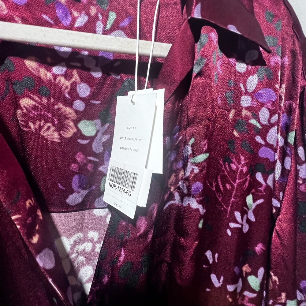 Vince Silk Floral Tie Waist Shirt Dress Burgundy Long Sleeve NWT 1X - Picture 10 of 10